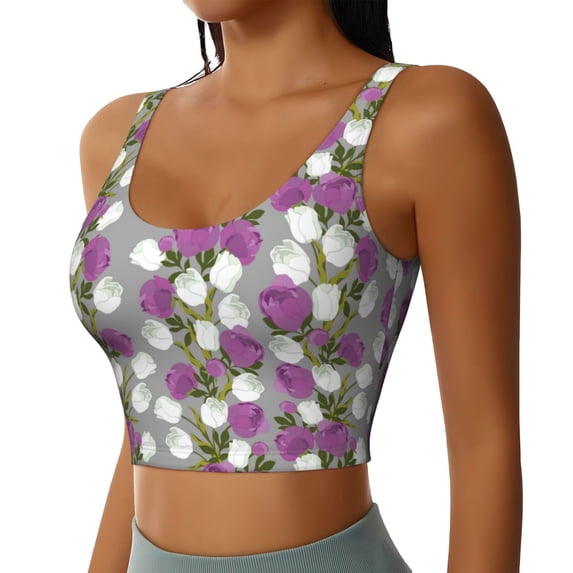 Haiem Rose Flowers Pattern Womens Sports Bra - U Neck Padded Low Impact Yoga Bra Workout Crop Top Gym Moisture-Wicking Workout Vest -X-Large