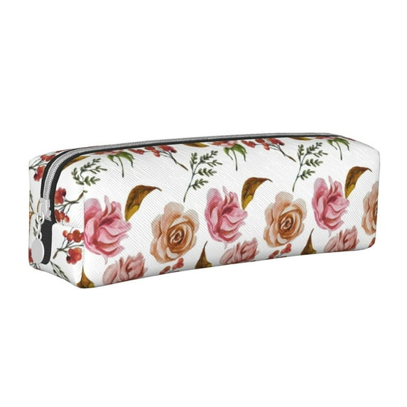 Haiem Rose Flowers Print Leather Pencil Case Art Supplies Case Zipper Pencil Pouch Stationery Storage Pencil Bag