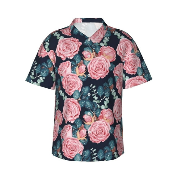 Haiem Rose Flowers Printed Hawaiian Shirt for Men - Men’s Casual Beach Summer Shirts - Stretch Fabric with Modern Fit-Large