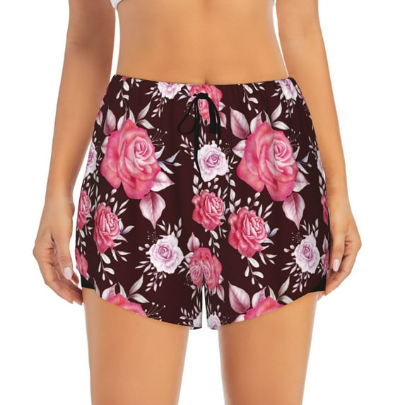Haiem Rose Flowers Women's 2 in 1 Running Shorts - Lightweight Athletic Workout Gym Yoga Breathable Sports Shorts Liner with Phone Pockets-Large