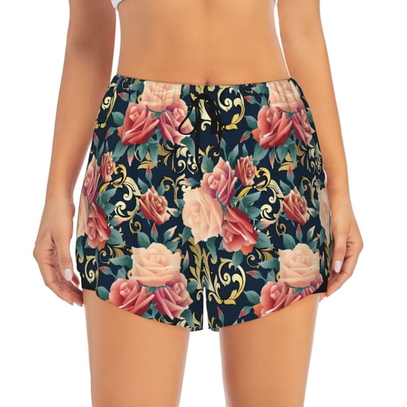 Haiem Rose Flowers Women's 2 in 1 Running Shorts - Lightweight Athletic Workout Gym Yoga Breathable Sports Shorts Liner with Phone Pockets-