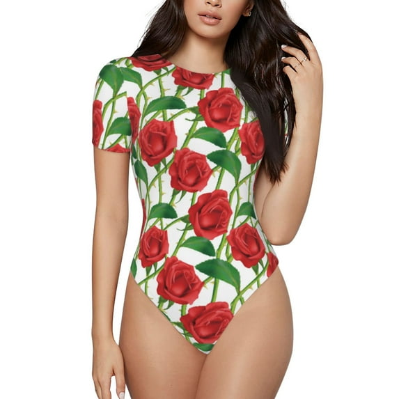 Haiem Rose Flowers Women's Crew Neck Short Sleeve Bodysuit Tops Stretchy Slim Basic-Large
