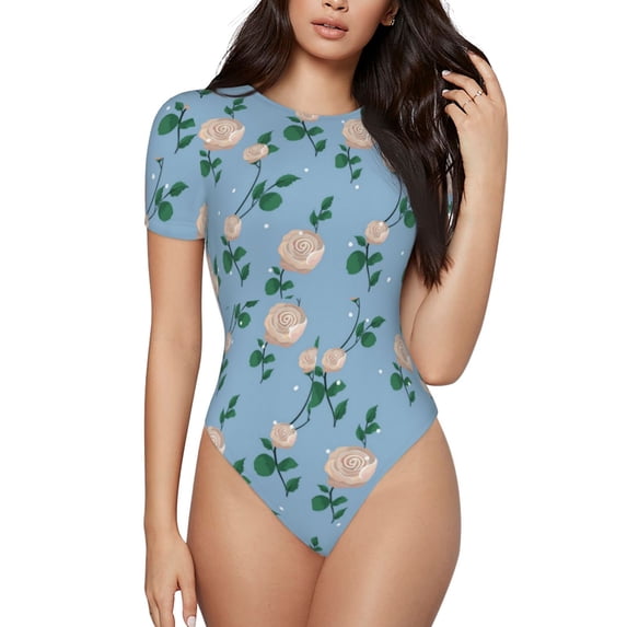 Haiem Rose Flowers Women's Crew Neck Short Sleeve Bodysuit Tops Stretchy Slim Basic-Medium