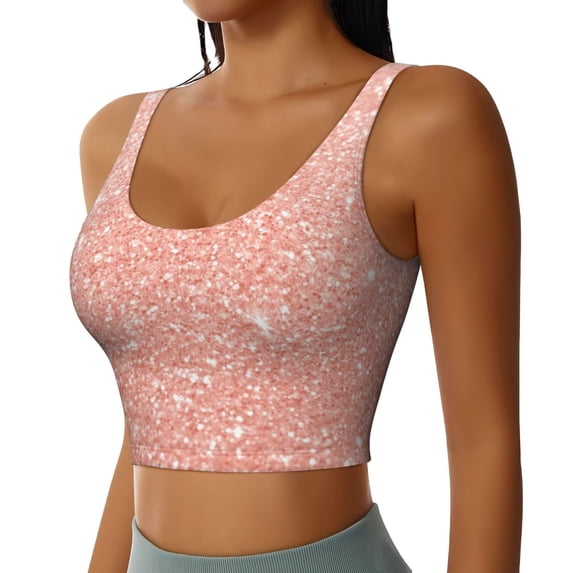 Haiem Rose Gold Glitter Pattern Womens Sports Bra - U Neck Padded Low Impact Yoga Bra Workout Crop Top Gym Moisture-Wicking Workout Vest -Large