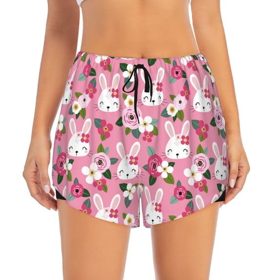 Haiem Rose Rabbit Women's 2 in 1 Running Shorts - Lightweight Athletic Workout Gym Yoga Breathable Sports Shorts Liner with Phone Pockets-