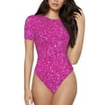 thumbnail image 1 of Haiem Rose Red Glitter Women's Crew Neck Short Sleeve Bodysuit Tops Stretchy Slim Basic-X-Large, 1 of 9