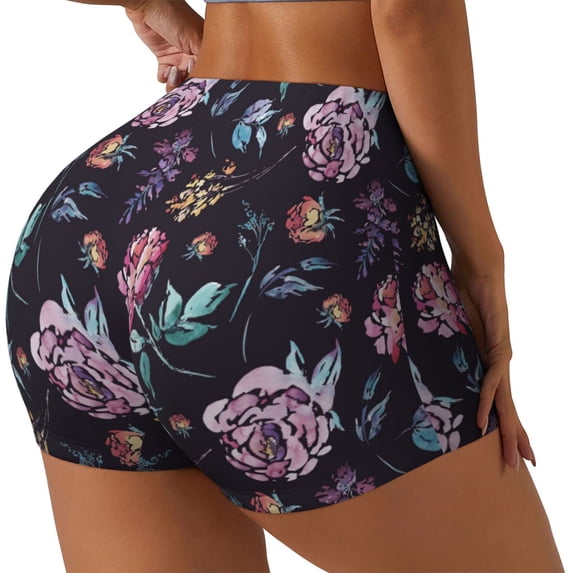 Haiem Roses Flowers No Front Seam Biker Shorts for Women Yoga Workout Gym Bike Shorts with Tummy Control Moisture-Wicking-Large