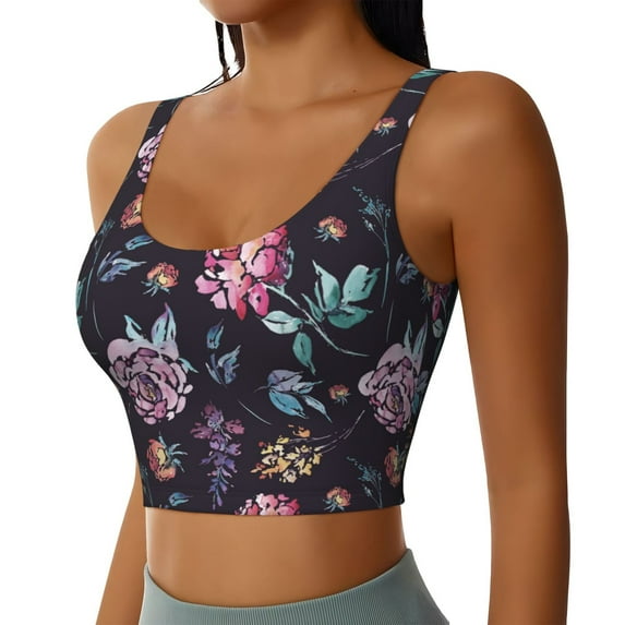 Haiem Roses Flowers Pattern Womens Sports Bra - U Neck Padded Low Impact Yoga Bra Workout Crop Top Gym Moisture-Wicking Workout Vest -Medium