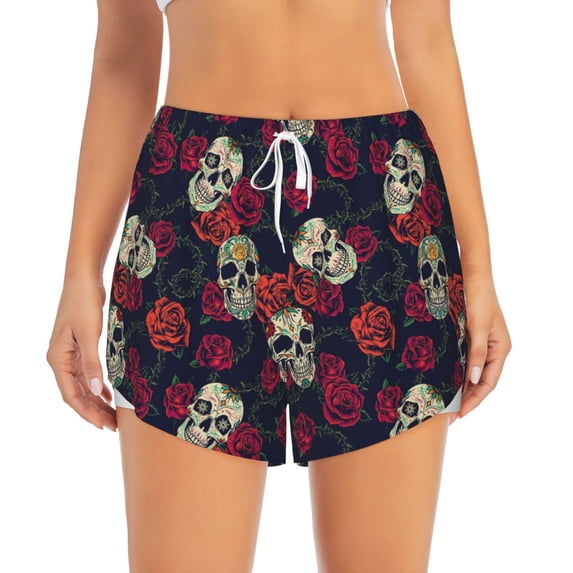Haiem Roses Skulls Women's 2 in 1 Running Shorts - Lightweight Athletic Workout Gym Yoga Breathable Sports Shorts Liner with Phone Pockets-Medium