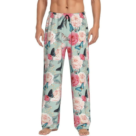 Haiem Roses and Butterflies Men's Pajama Pants Ultra Lightweight Pjs Bottoms Sleepwear Bottom Pants With Pocket Drawstring-Medium