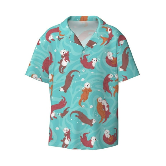 Haiem Sea Otters Family In Blue Water Men's Casual Shirts Short Sleeve Button Down Shirts Fashion Textured Summer Beach Shirt-4X-Large
