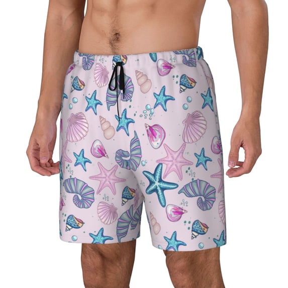 Haiem Sea Shells 3 Mens Swim Trunks with Compression Liner 2 in 1 Swimming Shorts Stretch Swimwear Quick Dry,Board Shorts-Small