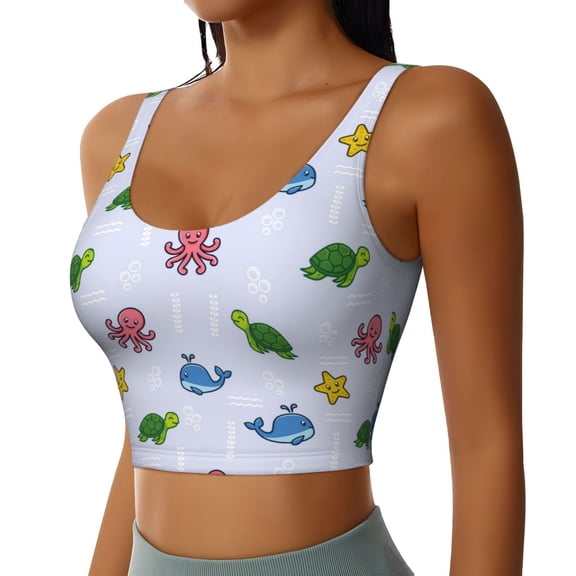 Haiem Sea Turtle Whale Pattern Womens Sports Bra - U Neck Padded Low Impact Yoga Bra Workout Crop Top Gym Moisture-Wicking Workout Vest -Medium
