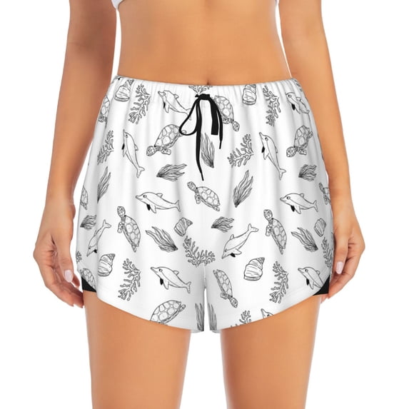 Haiem Sea Turtle Women's 2 in 1 Running Shorts - Lightweight Athletic Workout Gym Yoga Breathable Sports Shorts Liner with Phone Pockets-X-Large