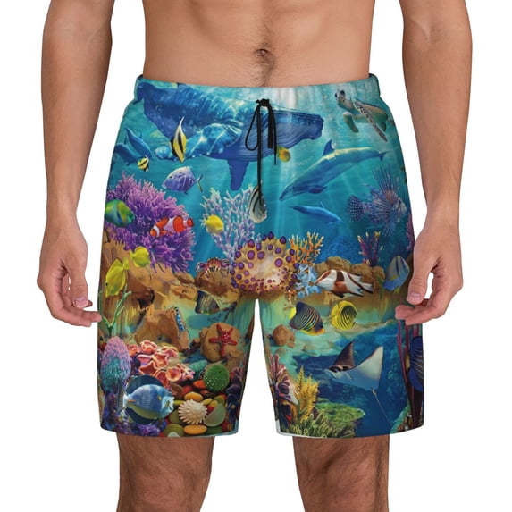 Haiem Sea World Mens Swim Trunks with Compression Liner 2 in 1 Swimming Shorts Stretch Swimwear Quick Dry,Board Shorts-Small