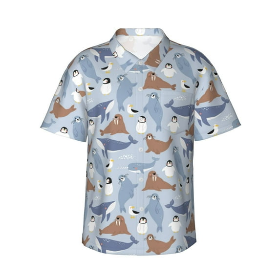 Haiem Seal Fox Seagull Whales Printed Hawaiian Shirt for Men - Men’s Casual Beach Summer Shirts - Stretch Fabric with Modern Fit-3X-Large