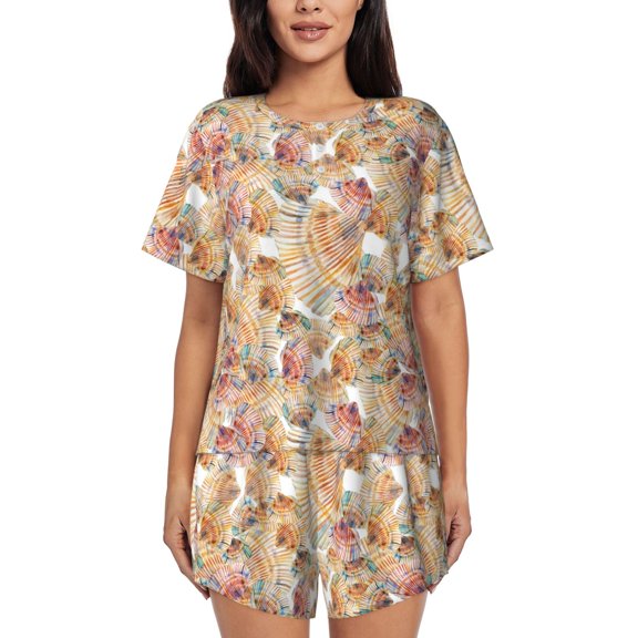 Haiem Seashells Pattern Pajama Set for Women 2 Piece Lounge Set Short Sleeve Tops and Shorts Soft Sleepwear-XX-Large