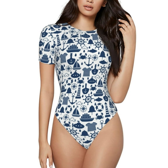 Haiem Seaside Primary Color Women's Crew Neck Short Sleeve Bodysuit Tops Stretchy Slim Basic-XX-Large