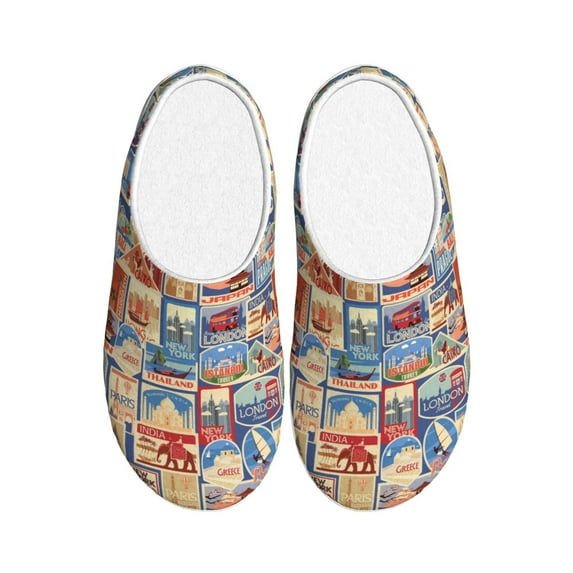 Haiem Set Of Travel Vintage Print Women's Fuzzy Memory Foam House Slipper Cozy Home Footwear Non-slip Winter Slippers-35/36
