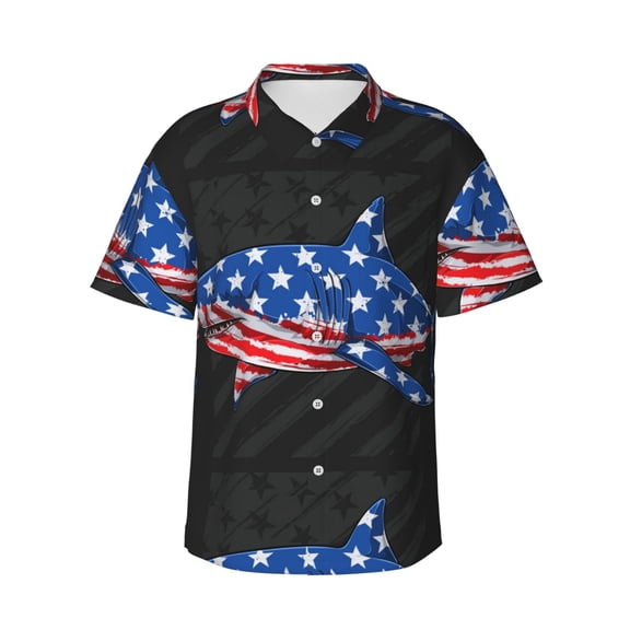 Haiem Shark With USA Flag Printed Hawaiian Shirt for Men - Men’s Casual Beach Summer Shirts - Stretch Fabric with Modern Fit-Small