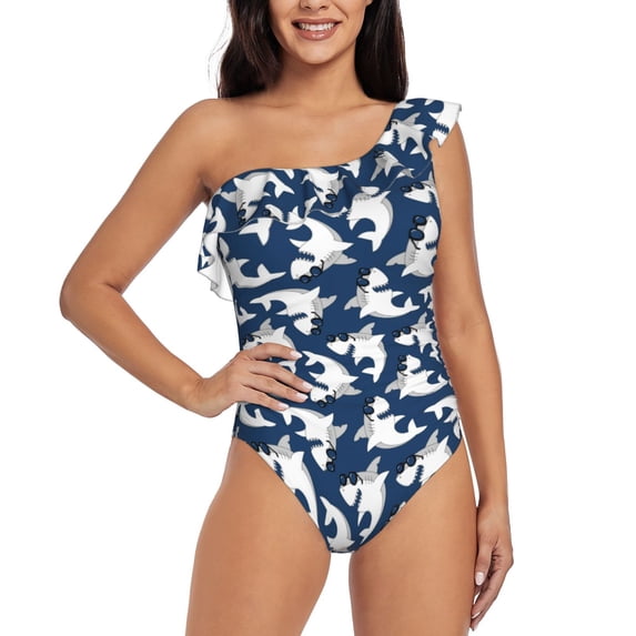 Haiem Shark Women's One Piece Swimsuits Tummy Control One Shoulder Bathing Suits Ruffle Swimwear-Large