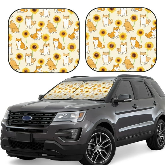 Haiem Shiba Inu Dog And Sunflower Windshield Sun Shade: Universal Foldable 2-Piece Car Front Window Sunshade - Blocks Uv Rays, And Reduces Heat,Essential Car Accessory Large