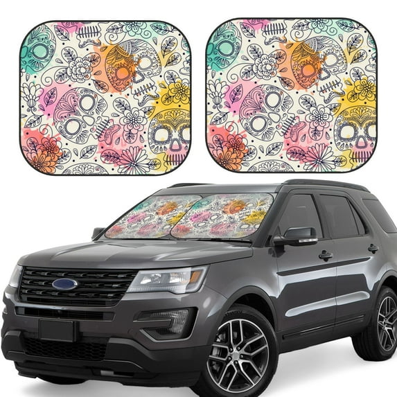 Haiem Skull And Flowers Windshield Sun Shade: Universal Foldable 2-Piece Car Front Window Sunshade - Blocks Uv Rays, And Reduces Heat,Essential Car Accessory Medium