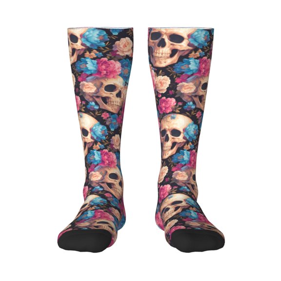 Haiem Skull Blue Flower Socks, Funny Novelty Crazy Design Cotton Socks Sports Socks Knee High Socks For Men, Women,1Pairs - Gift For Working Friends