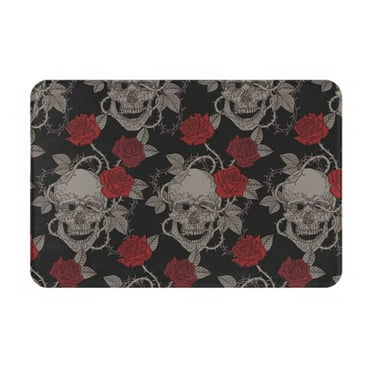 Haiem Skull and Red Roses Front Door Mat Indoor Outdoor Entrance, Waterproof All-Season, All-Weather Doormat, Durable Flannel Fabric, Fade Resistant, Low Profile, 16x24in