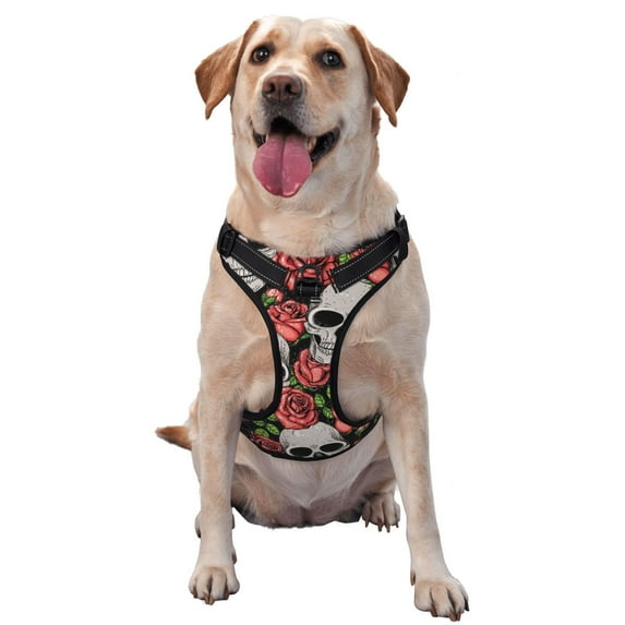 Haiem Skull and Roses Pattern No-Pull Dog Harness Reflective Front Clip Vest with Handle,Step-in Air Dog Harness,Adjustable 2 Metal Rings 4 Buckles-X-Large