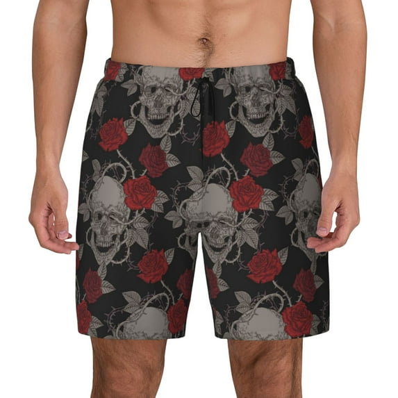 Haiem Skull and Red Roses Mens Swim Trunks with Compression Liner 2 in 1 Swimming Shorts Stretch Swimwear Quick Dry,Board Shorts-X-Large