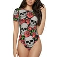 thumbnail image 1 of Haiem Skull and Roses Women's Crew Neck Short Sleeve Bodysuit Tops Stretchy Slim Basic-Large, 1 of 9