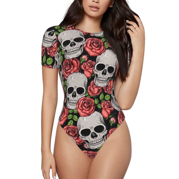 Haiem Skull and Roses Women's Crew Neck Short Sleeve Bodysuit Tops Stretchy Slim Basic-XX-Large