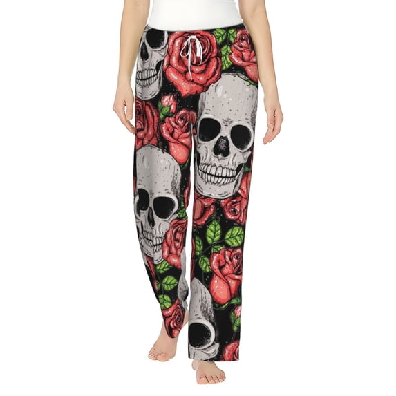 Haiem Skull and Roses Women's Pajama Pants Ultra Lightweight Pjs Bottoms Sleepwear Bottom Pants With Pocket Drawstring-Large