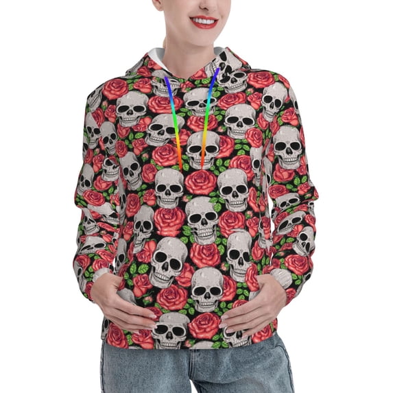Haiem Skull and Roses for Women's Fashion Hoodies & Sweatshirts with Kangaroo Pocket,Hooded Sweatshirt with Eye-catching Drawstrings-Large