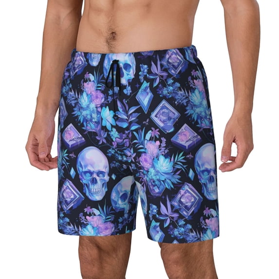 Haiem Skull blue crystal flower Mens Swim Trunks with Compression Liner 2 in 1 Swimming Shorts Stretch Swimwear Quick Dry,Board Shorts-X-Large
