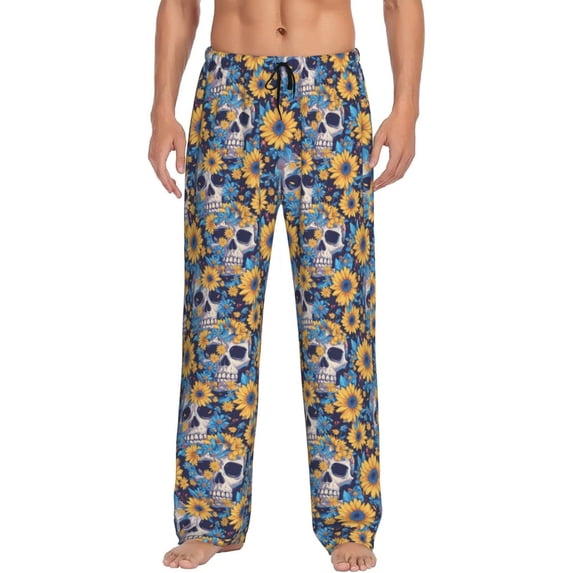 Haiem Skull daisy yellow blue Men's Pajama Pants Ultra Lightweight Pjs Bottoms Sleepwear Bottom Pants With Pocket Drawstring-Small