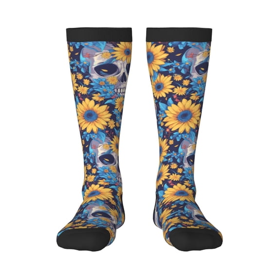 Haiem Skull daisy yellow blue Socks, Funny Novelty Crazy Design Cotton Socks Sports Socks Knee High Socks For Men, Women,1Pairs - Gift For Working Friends
