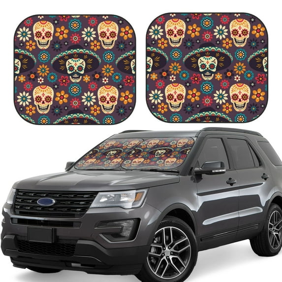 Haiem Skulls and Flowers Car Windshield Sun Shade (2 Pieces) Foldable Windshield Sun Shade Car Accessories for Truck SUV Pickup-Small