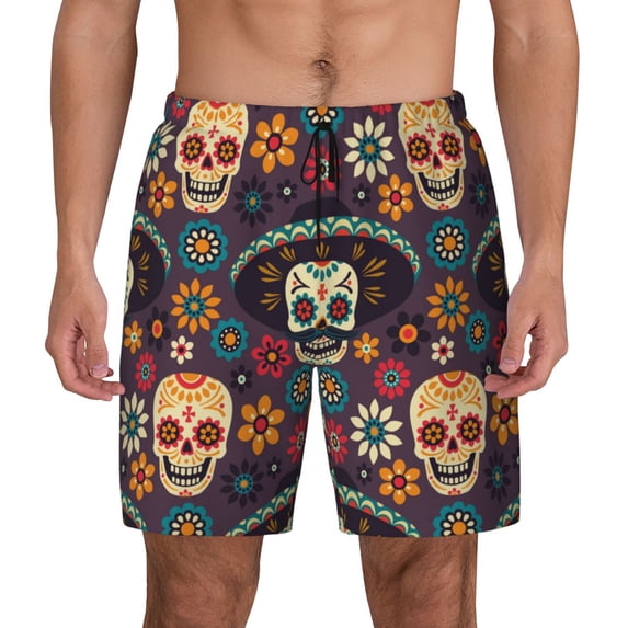 Haiem Skulls and Flowers Mens Swim Trunks with Compression Liner 2 in 1 Swimming Shorts Stretch Swimwear Quick Dry,Board Shorts-XX-Large