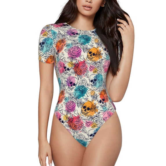 Haiem Skulls and Roses Women's Crew Neck Short Sleeve Bodysuit Tops Stretchy Slim Basic-Medium