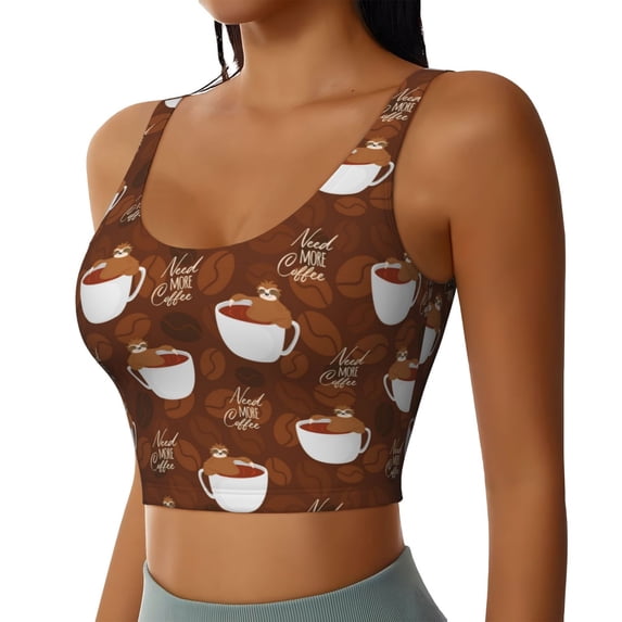 Haiem Sloths Need More Coffee Pattern Womens Sports Bra - U Neck Padded Low Impact Yoga Bra Workout Crop Top Gym Moisture-Wicking Workout Vest -XX-Large
