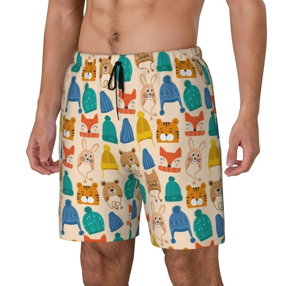 Haiem Small Animals with Knit Hat Pattern Mens Swim Trunks with Compression Liner 2 in 1 Swimming Shorts Stretch Swimwear Quick Dry,Board Shorts-Small
