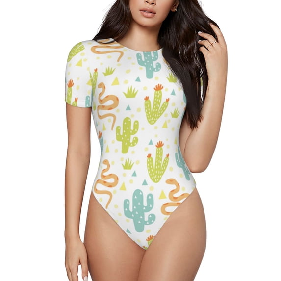 Haiem Snake And Cactus Women's Crew Neck Short Sleeve Bodysuit Tops Stretchy Slim Basic-XX-Large