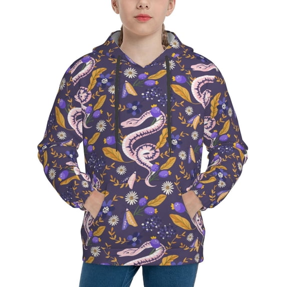 Haiem Snake And Floral Pattern Boys Hoodie, Youth Pullover Hooded Sweatshirt, Kangaroo Pocket Hoodie for Kids Girls -X-Large