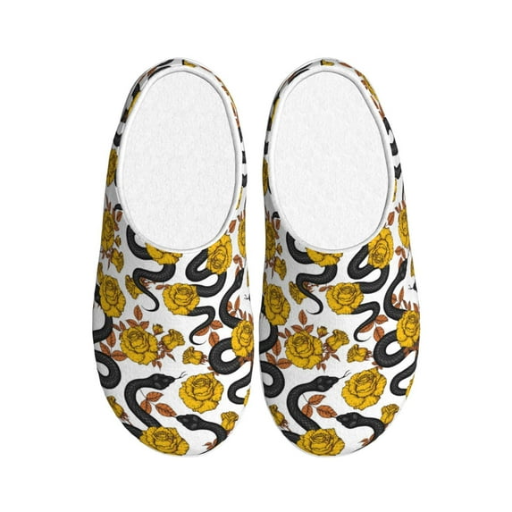 Haiem Snake And Rose Print Women's Fuzzy Memory Foam House Slipper Cozy Home Footwear Non-slip Winter Slippers-37/38