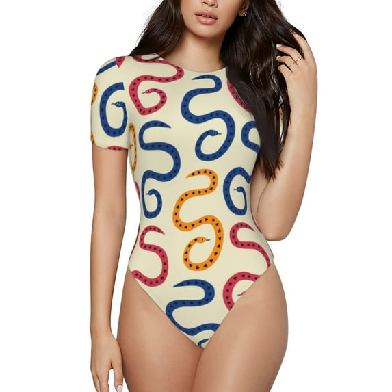 Haiem Snake Women's Crew Neck Short Sleeve Bodysuit Tops Stretchy Slim Basic-X-Large