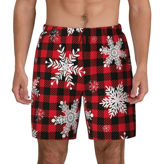 Haiem Snowflakes On A Buffalo Plaid Men'S Quick-Dry Swim Trunks: Comfortable Beach Shorts With Mesh Lining And Pockets - Ideal For Swimming And Sunbathing X-Large