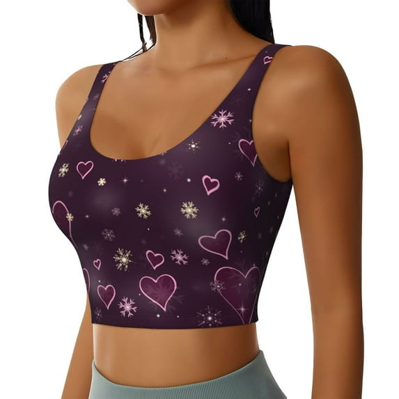 Haiem Snowflakes and Hearts Pattern Womens Sports Bra - U Neck Padded Low Impact Yoga Bra Workout Crop Top Gym Moisture-Wicking Workout Vest -Small