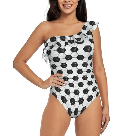 Haiem Soccer Women's One Piece Swimsuits Tummy Control One Shoulder Bathing Suits Ruffle Swimwear-Large